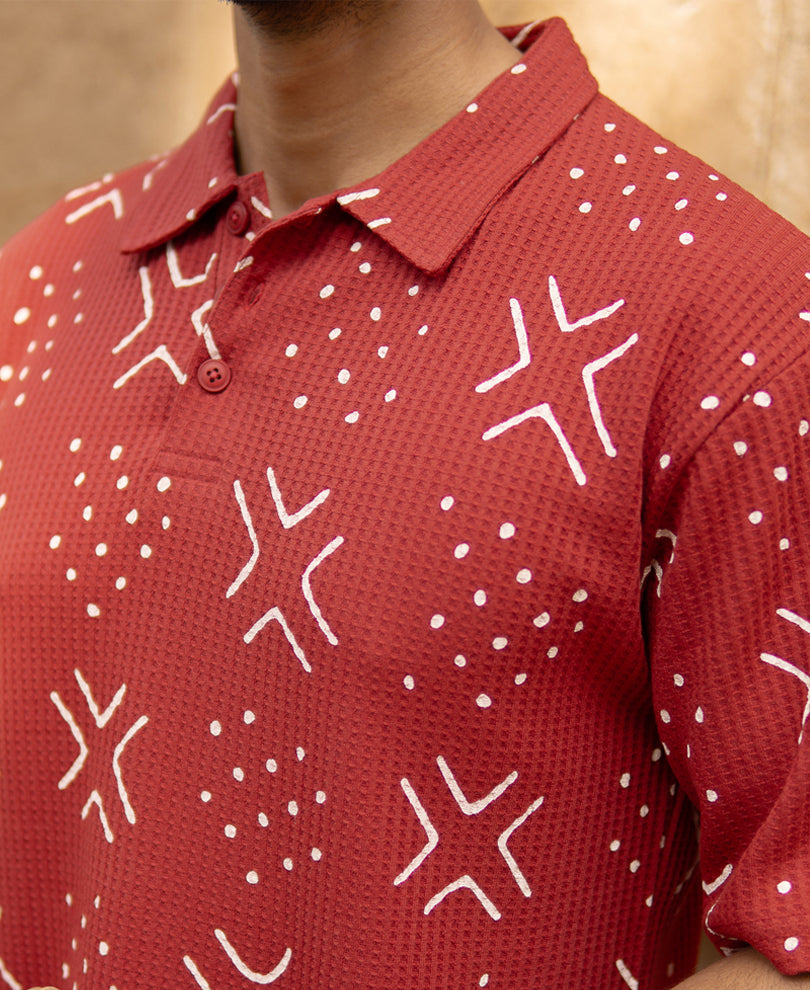 Brick Red Printed Polo T-Shirt.