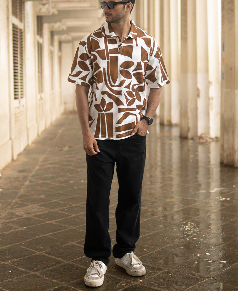 Tan Structure Printed Polo T-Shirt.