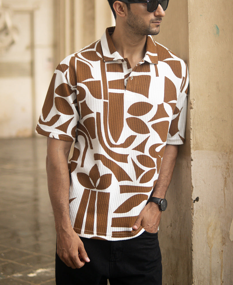 Tan Structure Printed Polo T-Shirt.