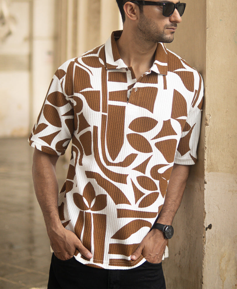 Tan Structure Printed Polo T-Shirt.