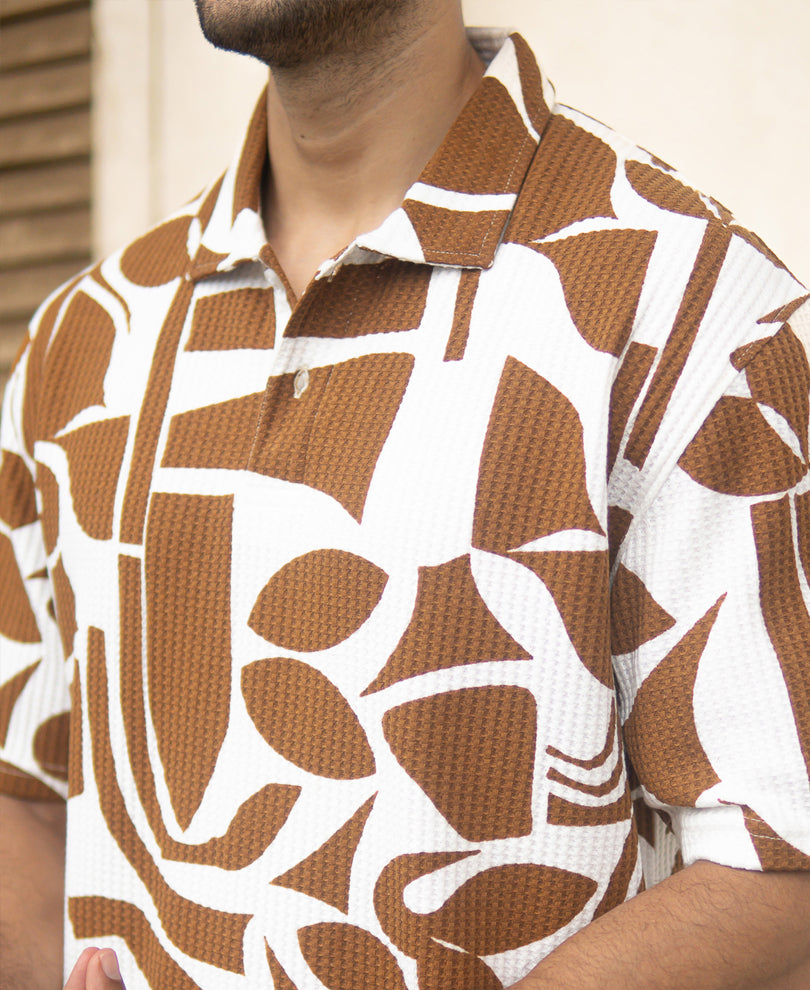 Tan Structure Printed Polo T-Shirt.