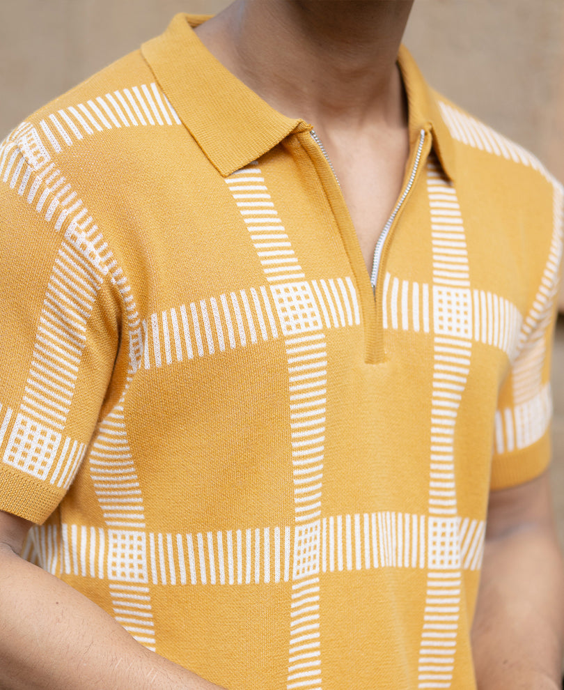Mustard Knitted Checks T-Shirt.