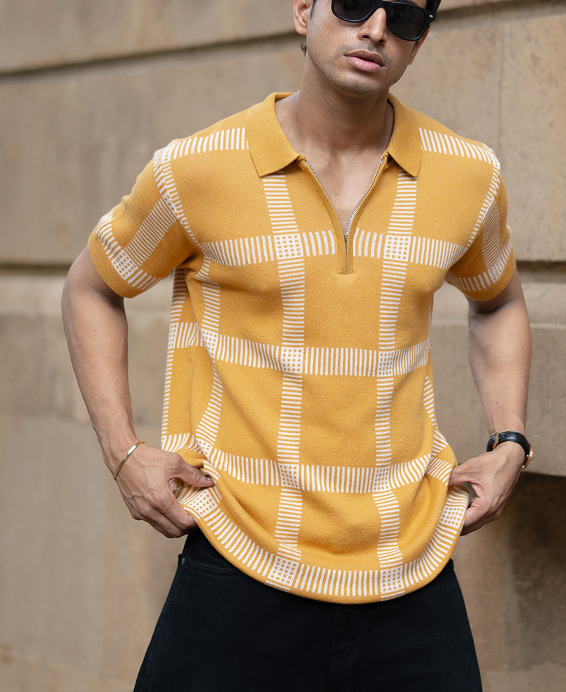 Mustard Knitted Checks T-Shirt.