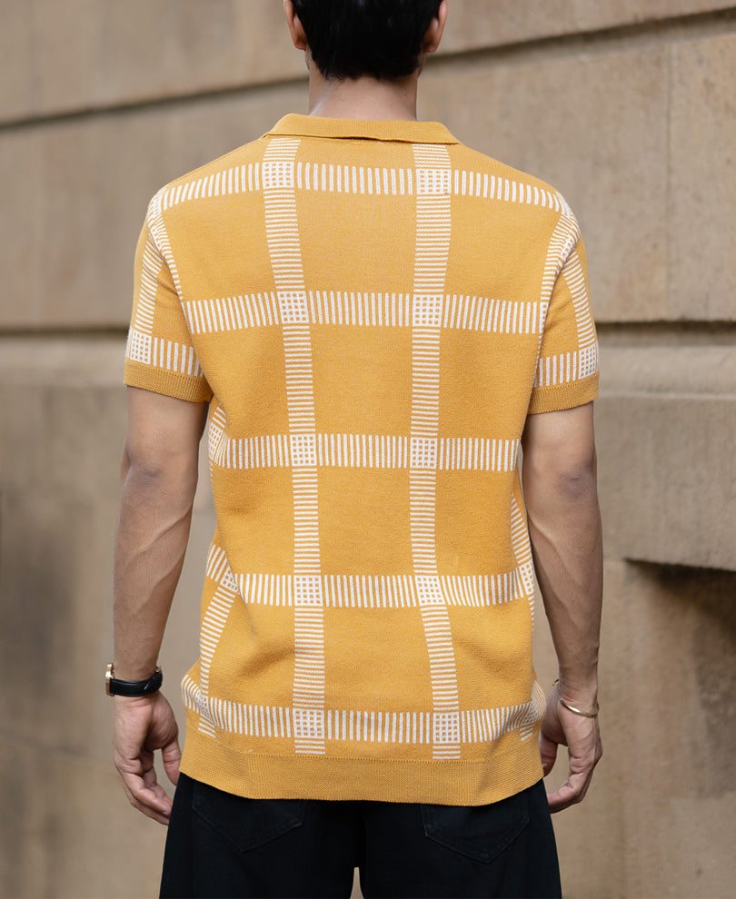 Mustard Knitted Checks T-Shirt.