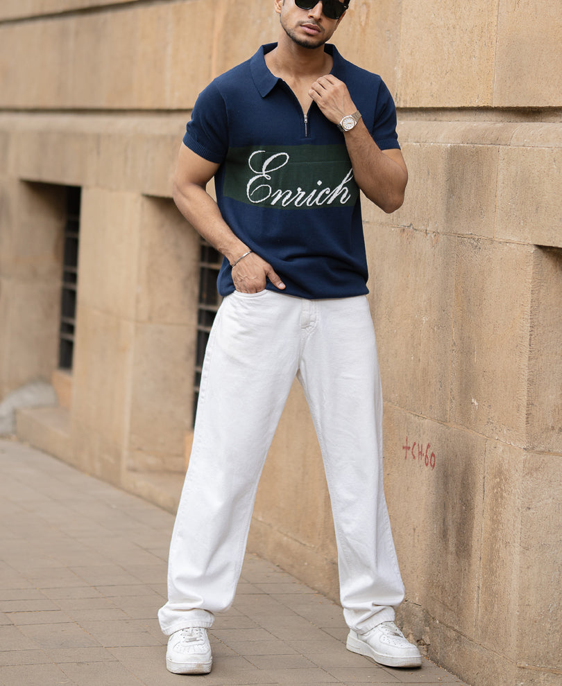 Navy Enrich Knitted Polo T-Shirt.