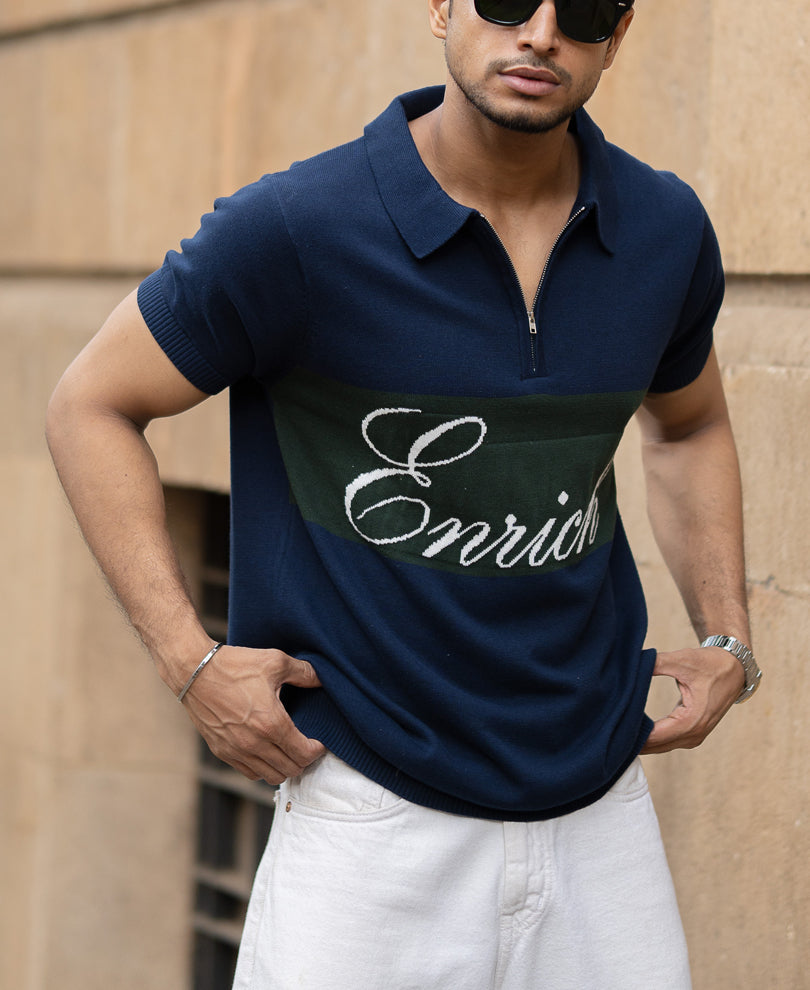 Navy Enrich Knitted Polo T-Shirt.