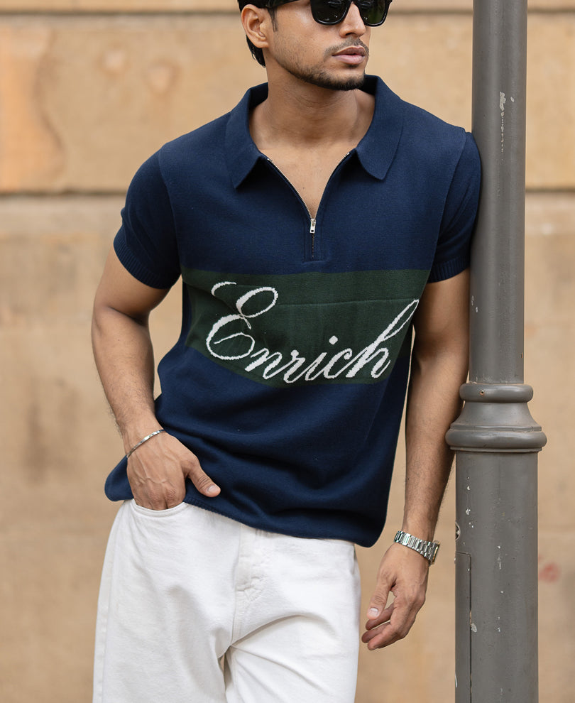 Navy Enrich Knitted Polo T-Shirt.