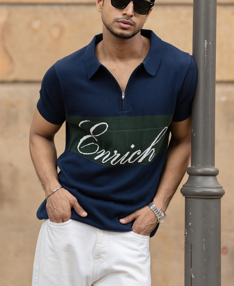 Navy Enrich Knitted Polo T-Shirt.