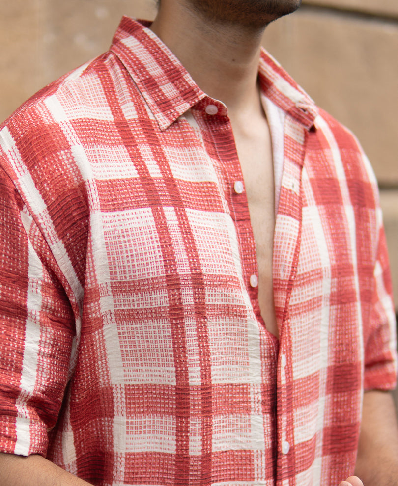 Red Ochre Printed Checks Shirt.