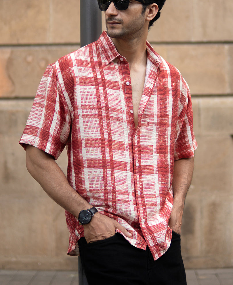Red Ochre Printed Checks Shirt.