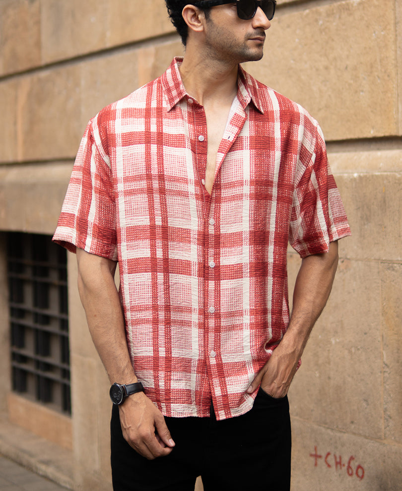 Red Ochre Printed Checks Shirt.
