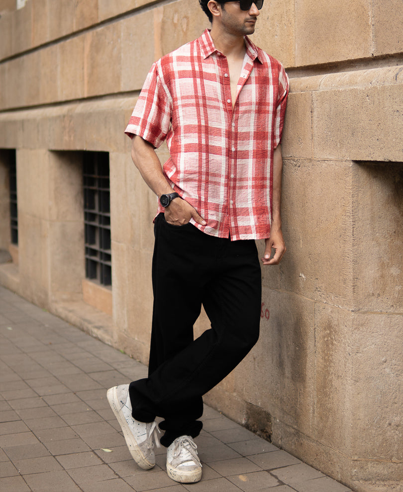 Red Ochre Printed Checks Shirt.