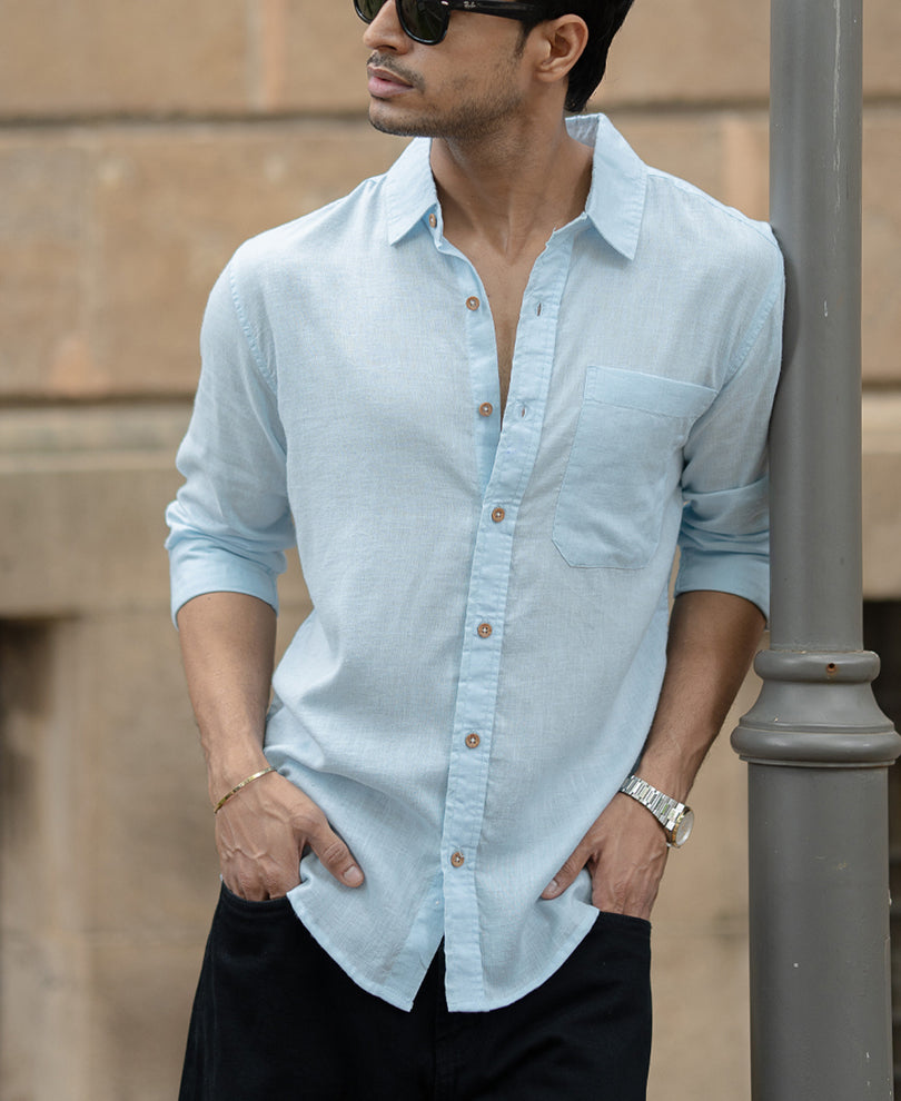 Light Blue Linen Blend Shirt.