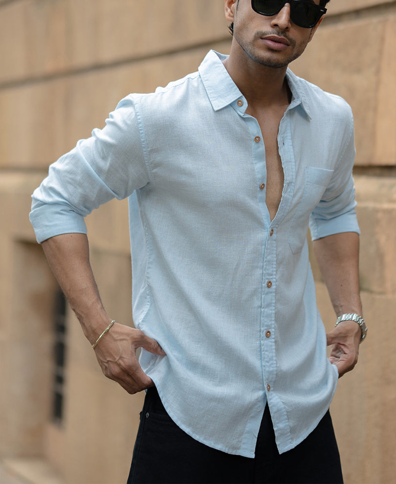 Light Blue Linen Blend Shirt.