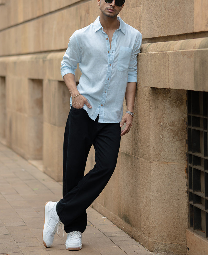 Light Blue Linen Blend Shirt.
