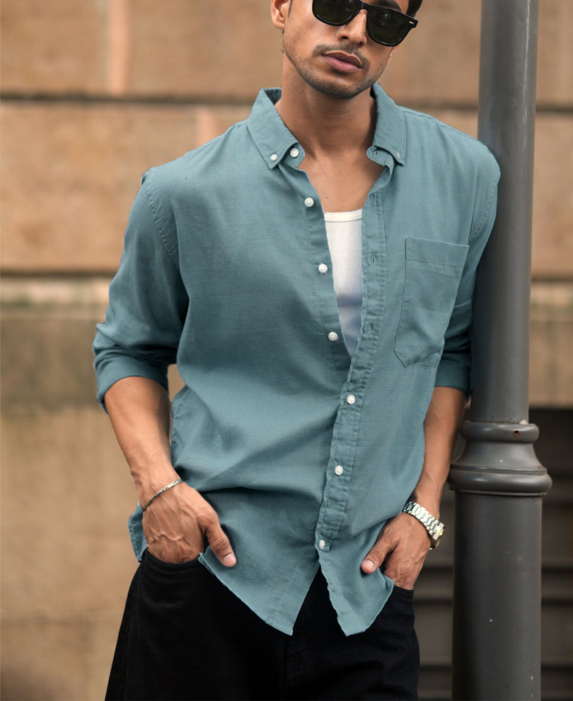 Dusty Blue Linen Blend Shirt.