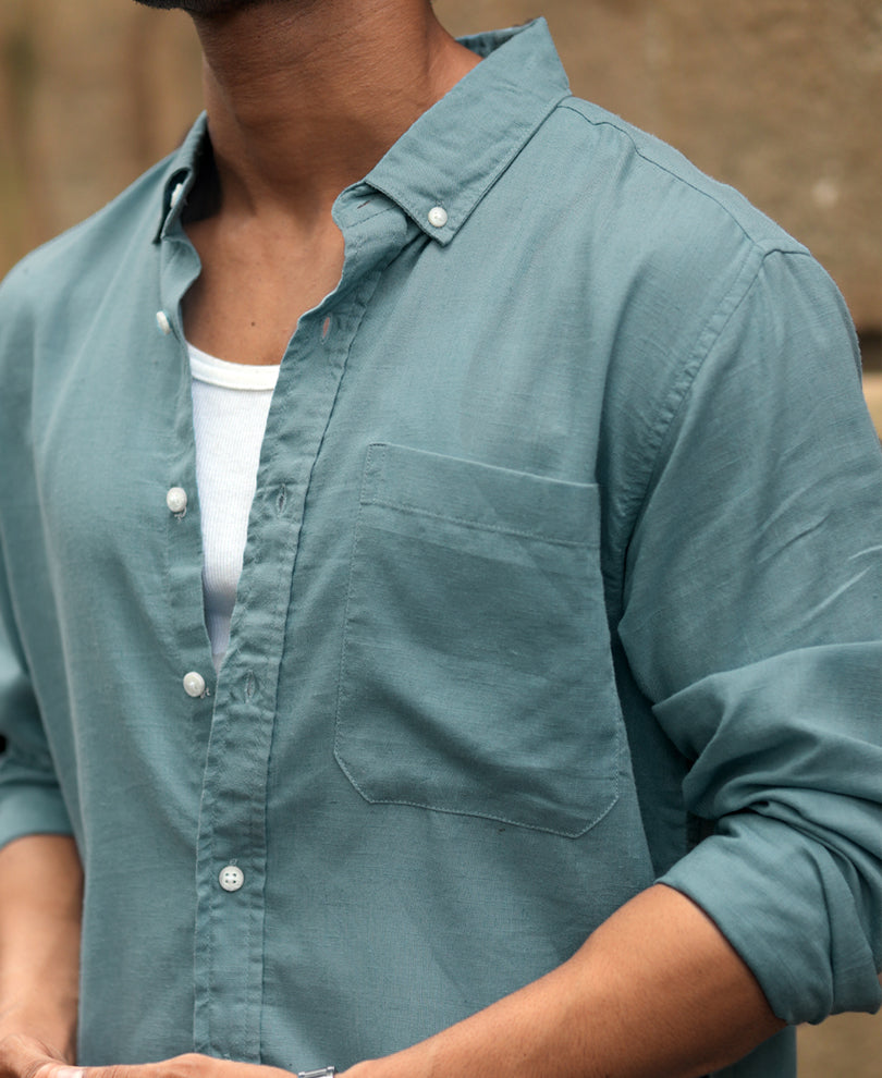 Dusty Blue Linen Blend Shirt.