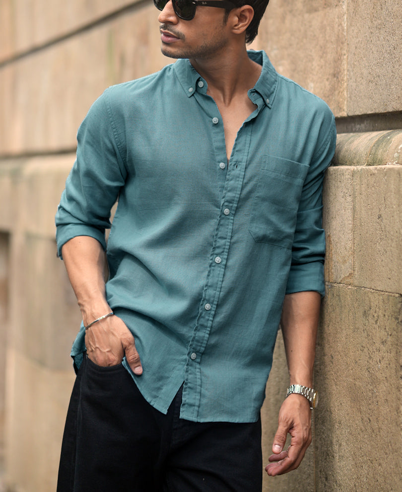 Dusty Blue Linen Blend Shirt.