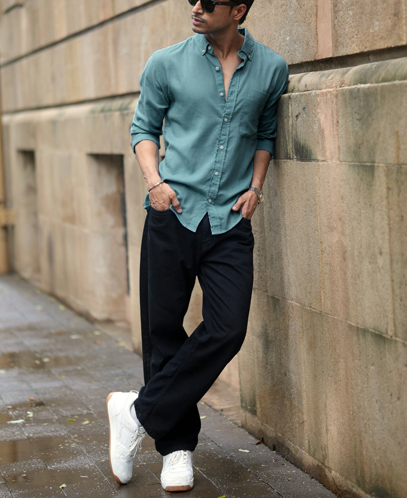 Dusty Blue Linen Blend Shirt.