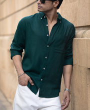 Bottle Green Linen Blend Shirt.