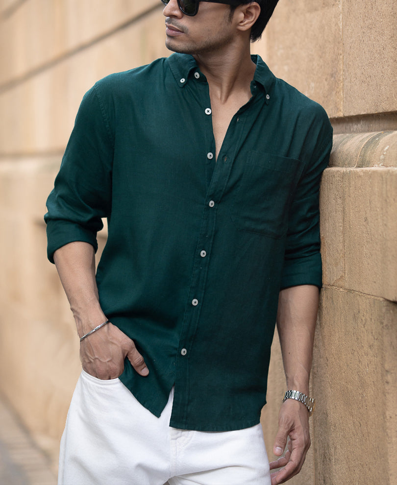 Bottle Green Linen Blend Shirt.