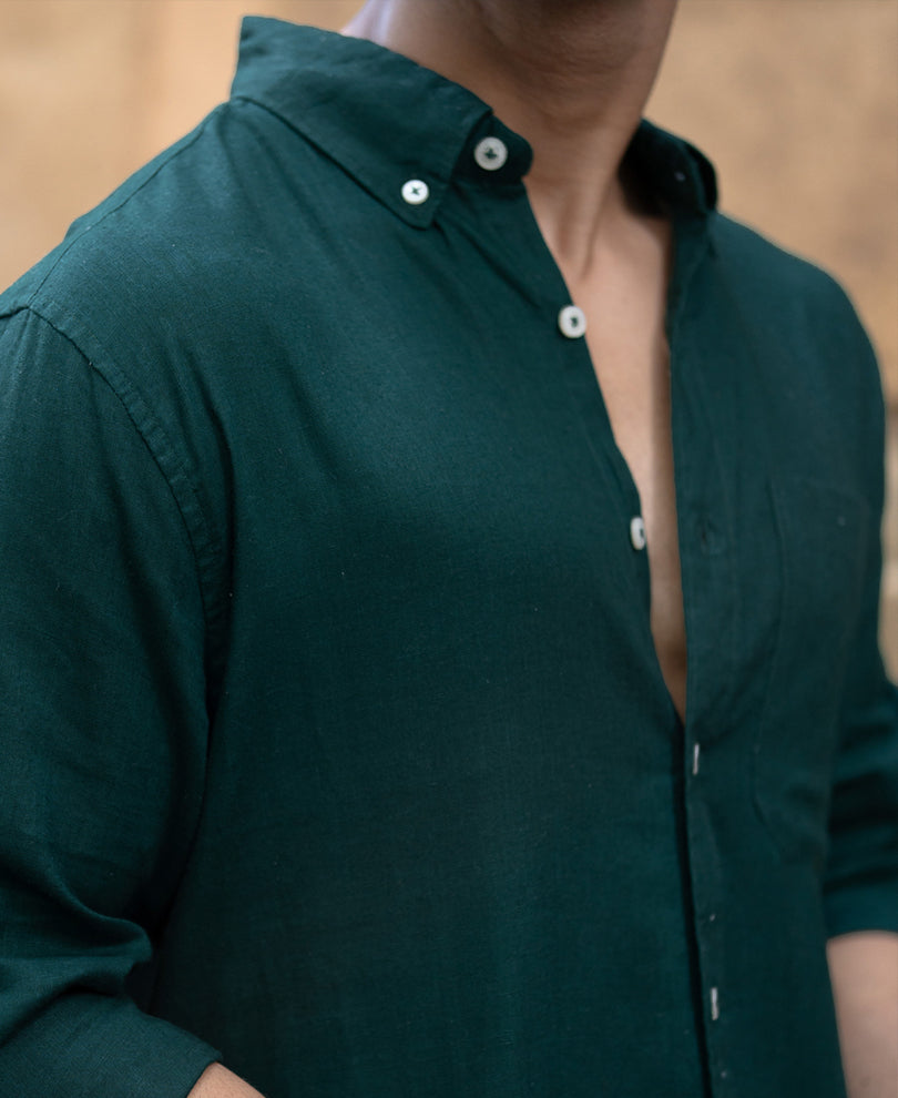 Bottle Green Linen Blend Shirt.