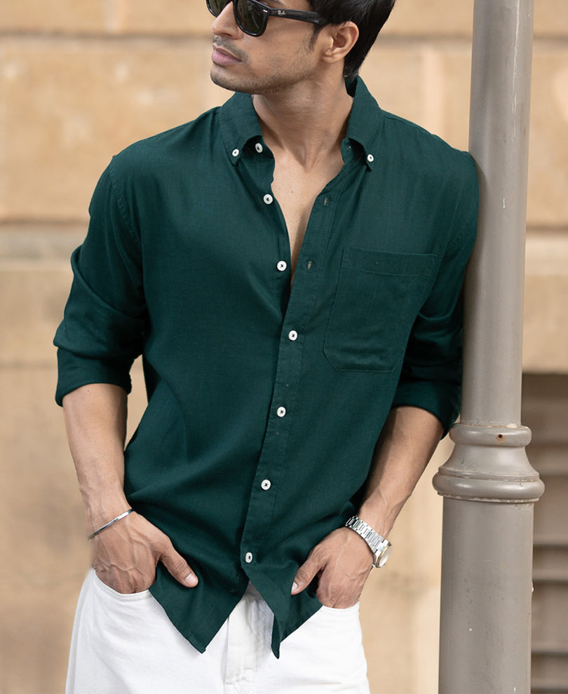 Bottle Green Linen Blend Shirt.