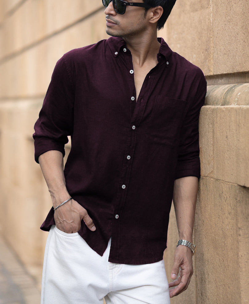 Dark Wine Linen Blend Shirt.