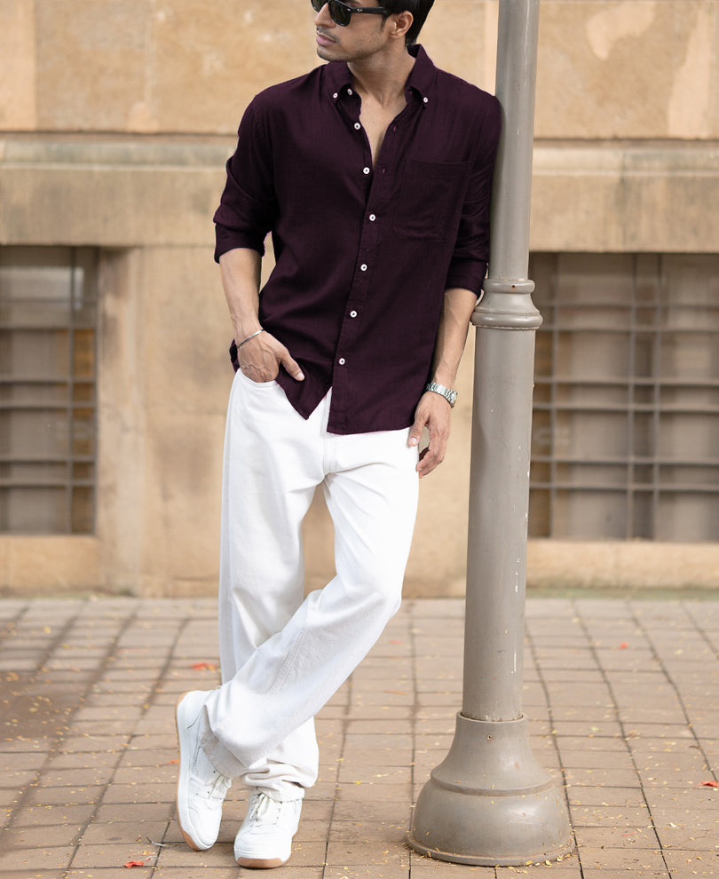 Dark Wine Linen Blend Shirt.
