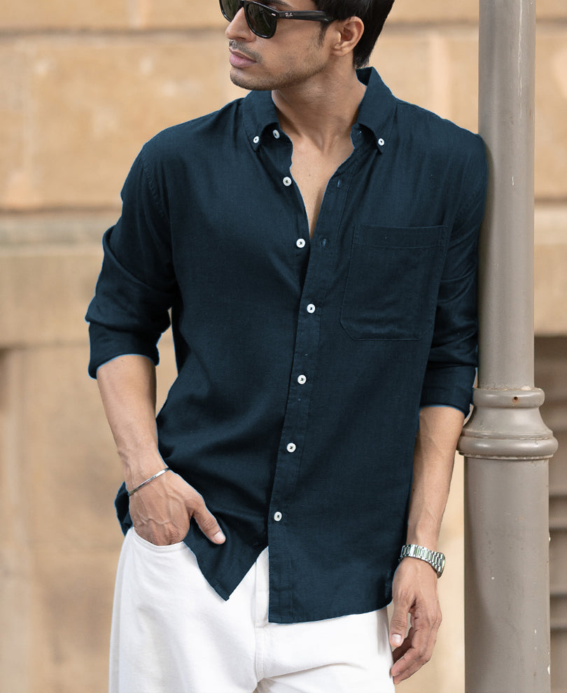 Airforce Blue Linen Blend Shirt.