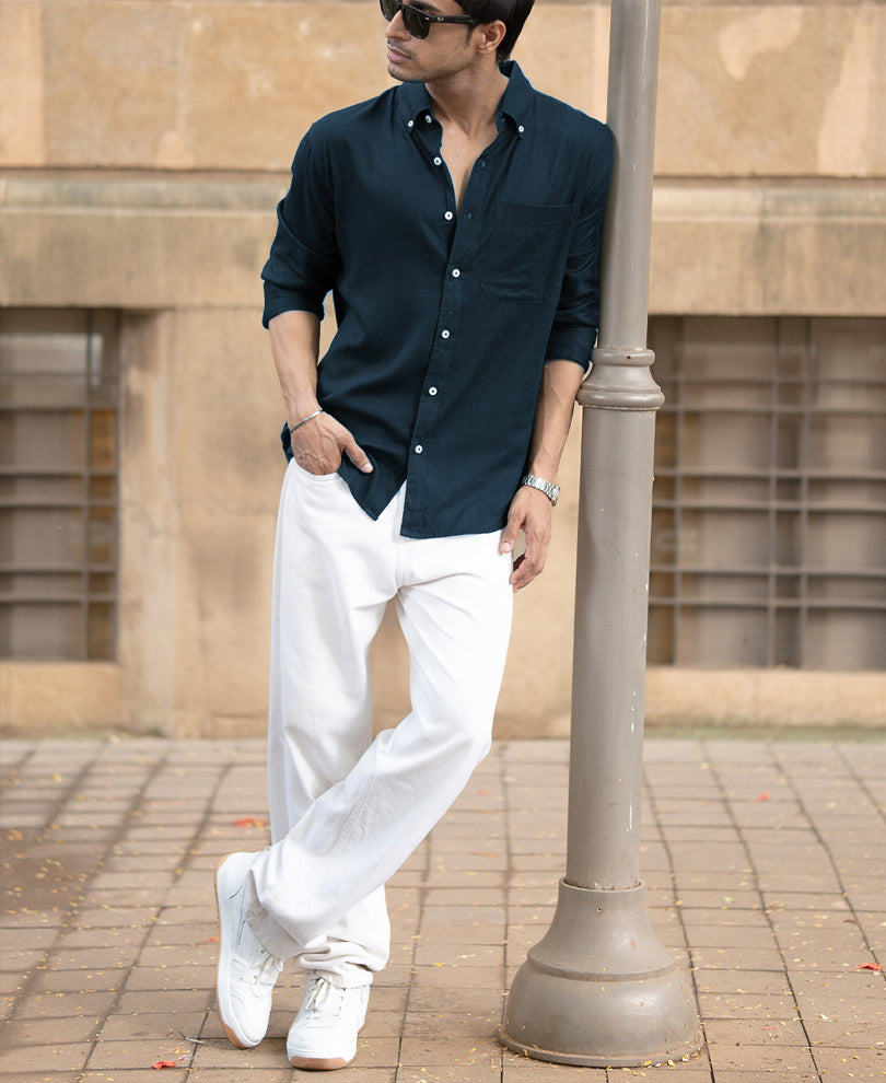 Airforce Blue Linen Blend Shirt.