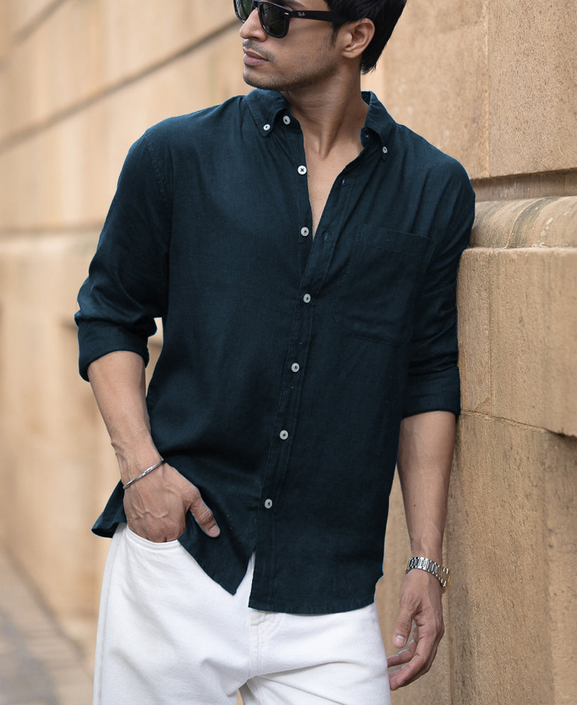 Airforce Blue Linen Blend Shirt.