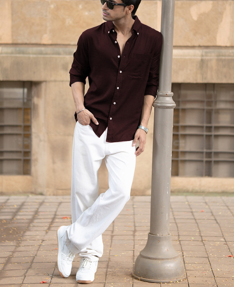 Wine Linen Blend Shirt.