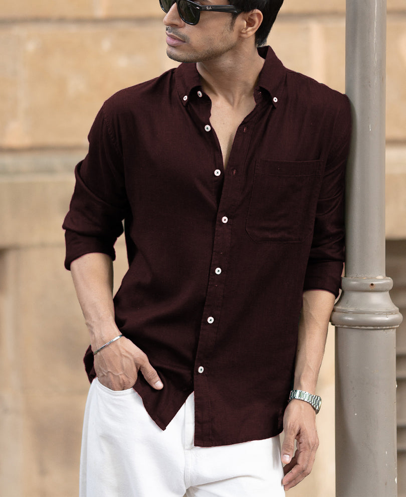 Wine Linen Blend Shirt.