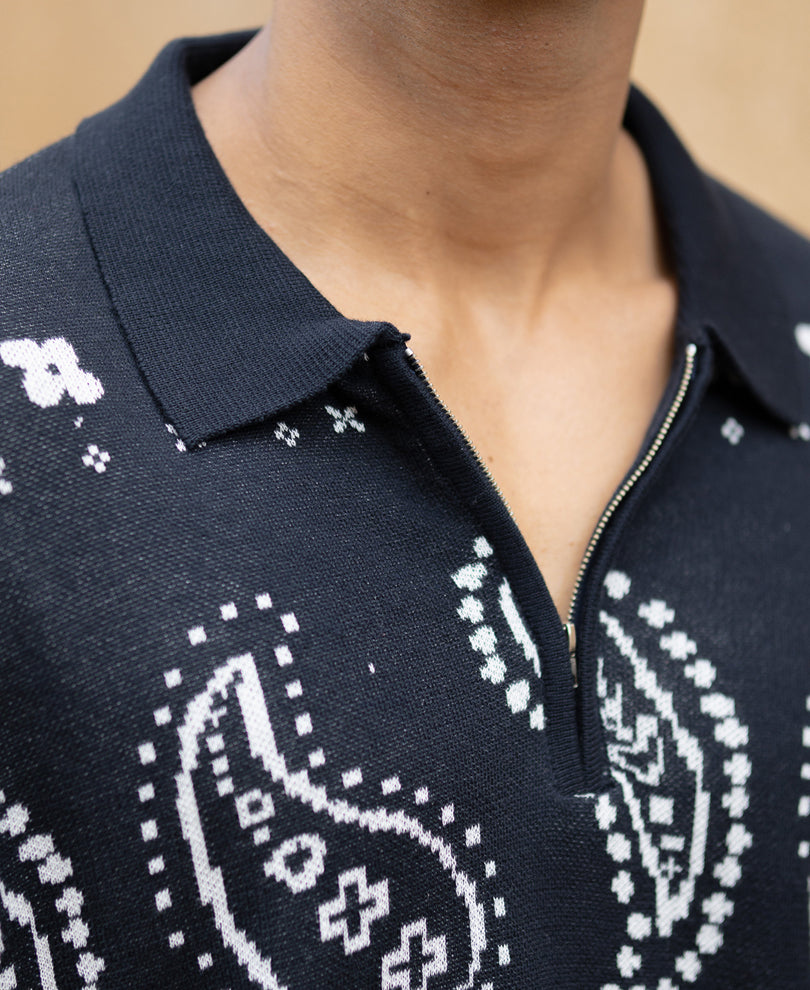 Navy Paisley Jacquard Knit T-Shirt.
