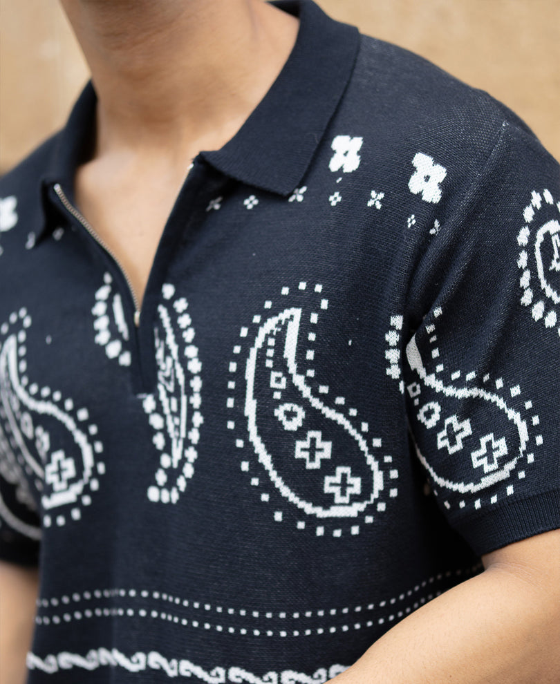 Navy Paisley Jacquard Knit T-Shirt.