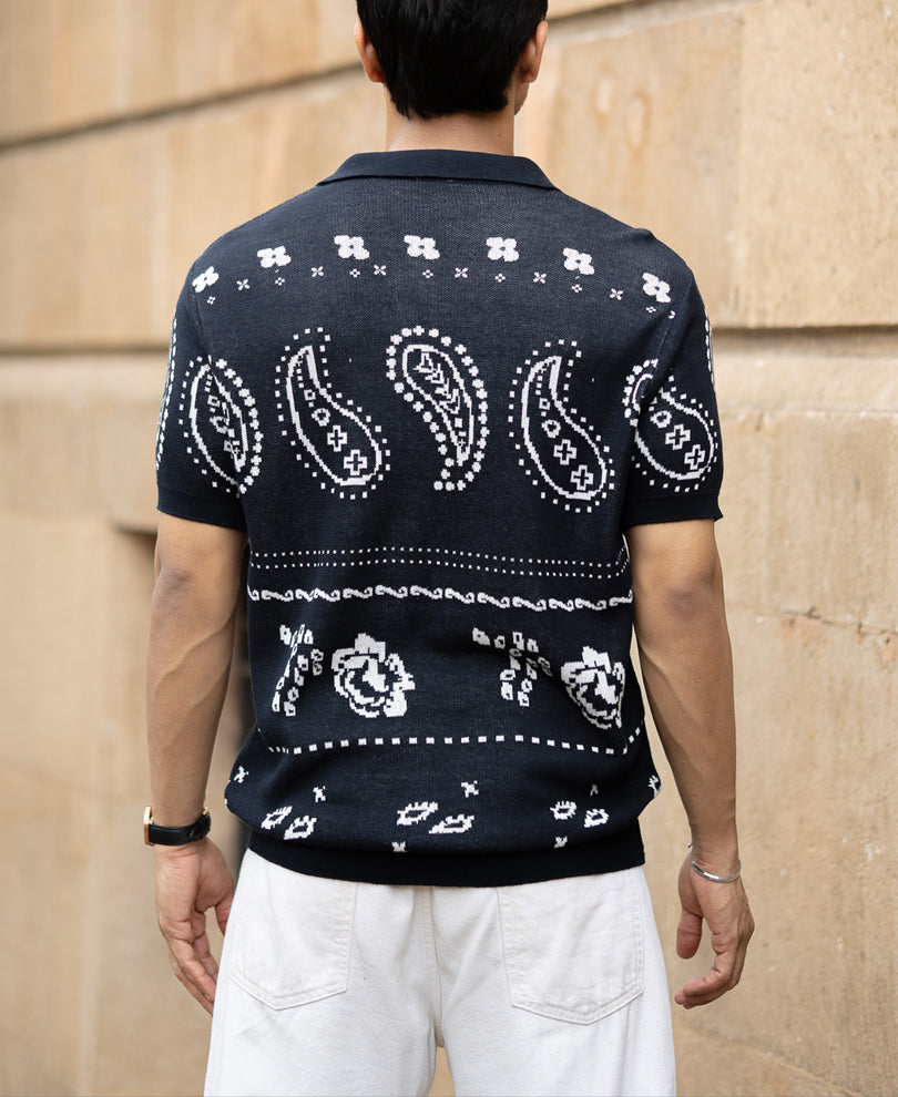 Navy Paisley Jacquard Knit T-Shirt.