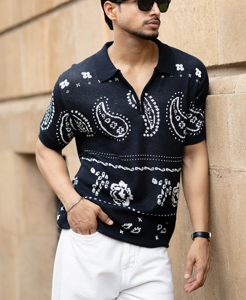 Navy Paisley Jacquard Knit T-Shirt.