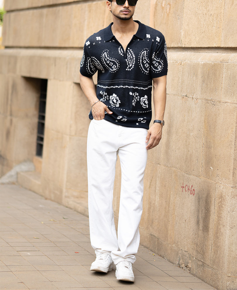 Navy Paisley Jacquard Knit T-Shirt.