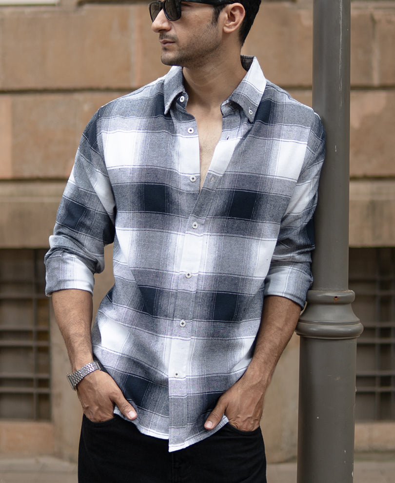 Navy Flannel Checks Shirt.
