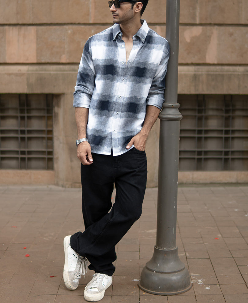 Navy Flannel Checks Shirt.