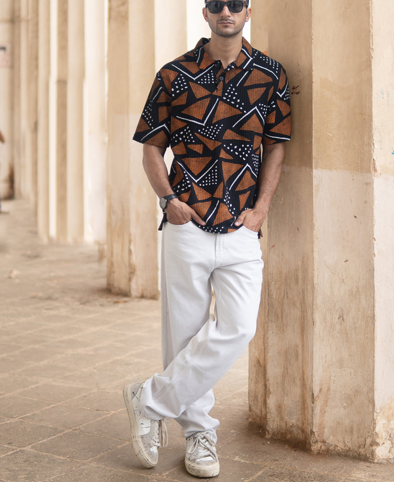 Black Geometric Print Polo T-Shirt.