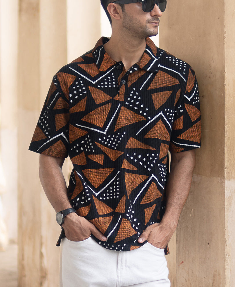 Black Geometric Print Polo T-Shirt.