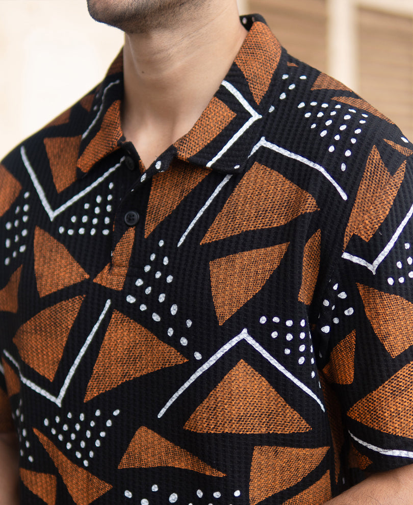 Black Geometric Print Polo T-Shirt.