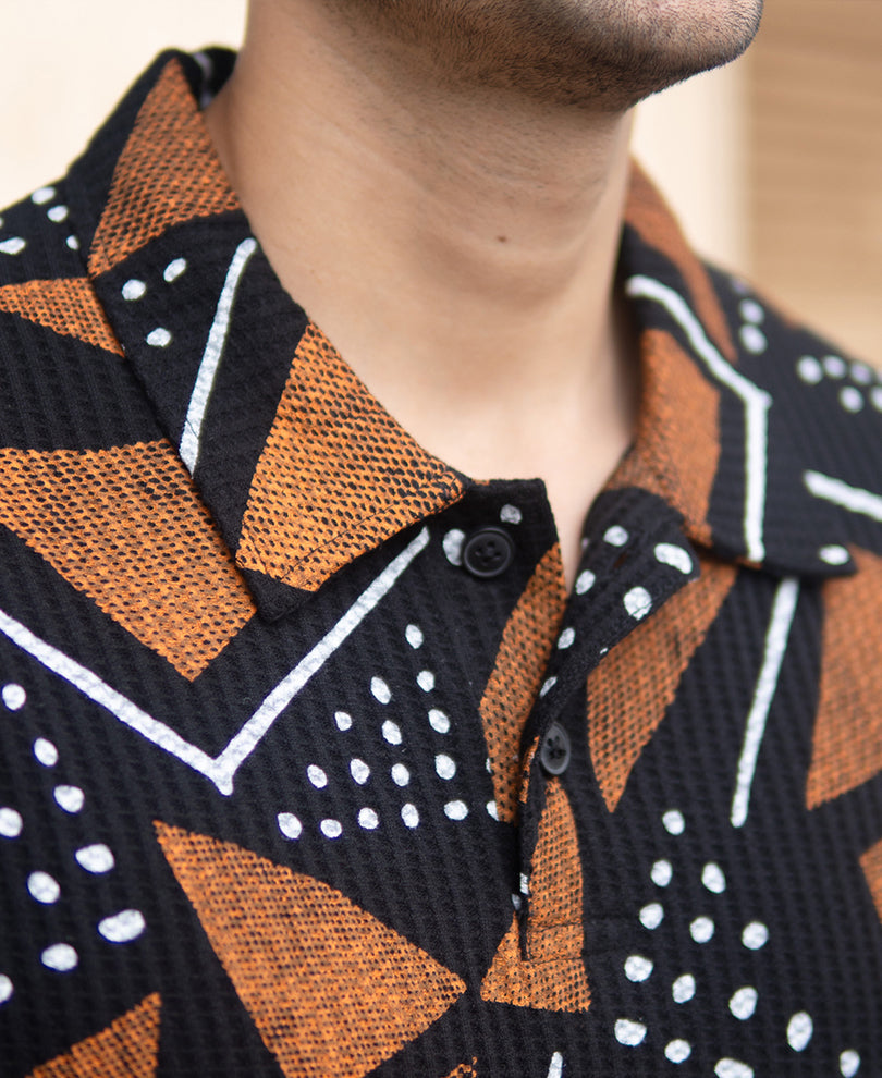 Black Geometric Print Polo T-Shirt.