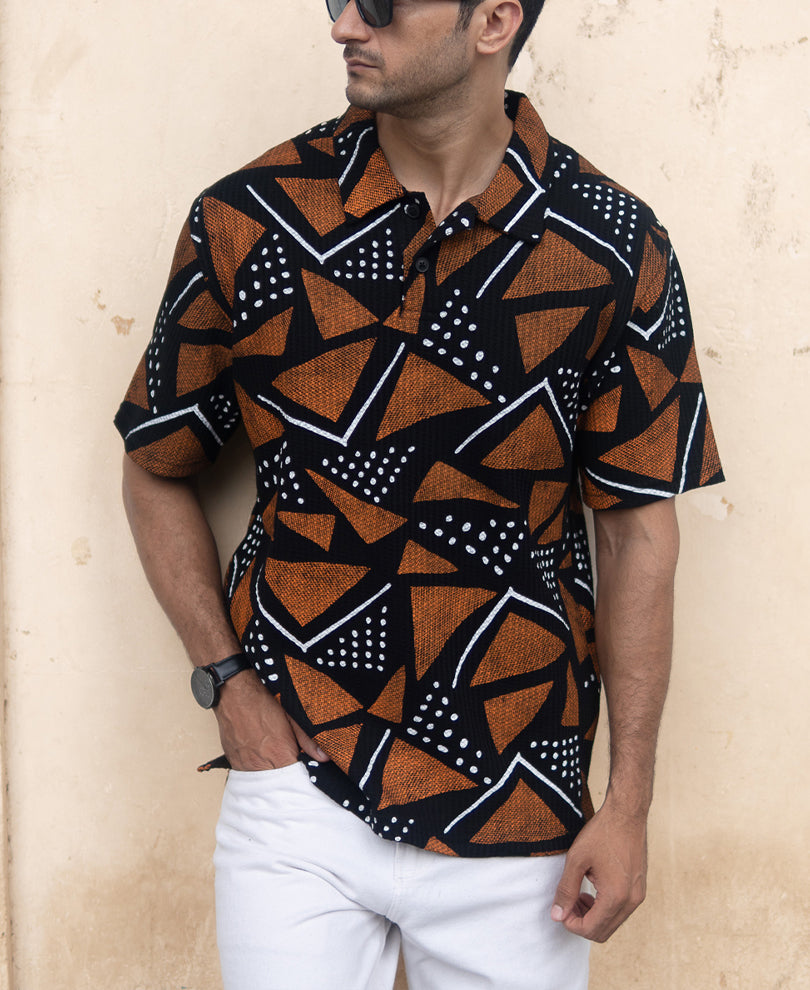 Black Geometric Print Polo T-Shirt.