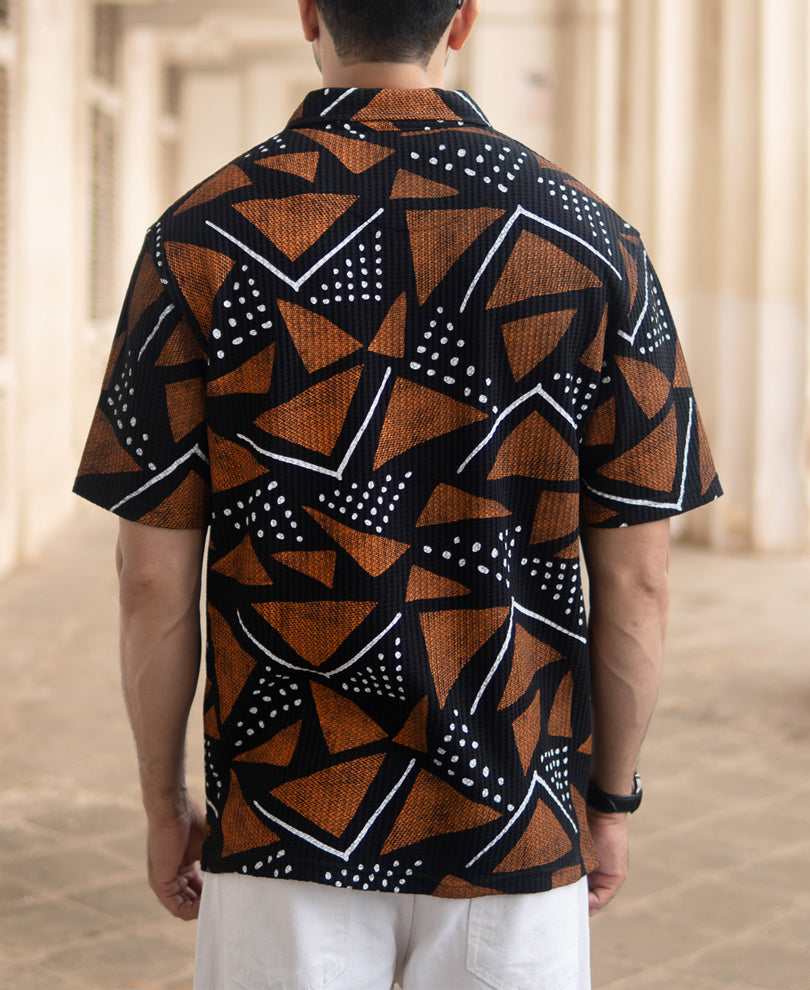 Black Geometric Print Polo T-Shirt.
