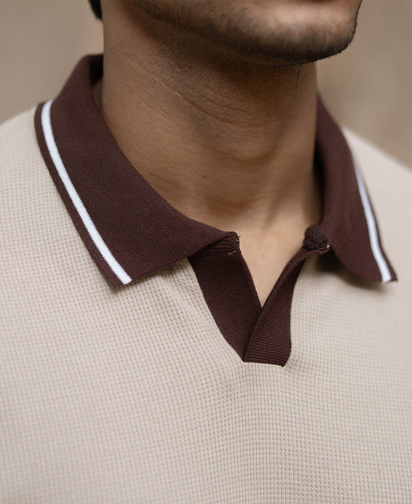 Beige Contrast Collar T-Shirt.