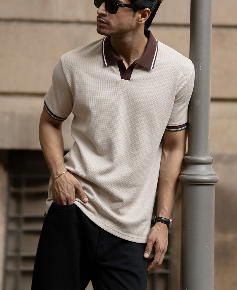 Beige Contrast Collar T-Shirt.