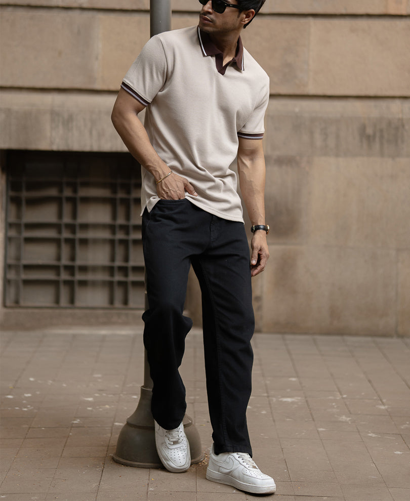 Beige Contrast Collar T-Shirt.